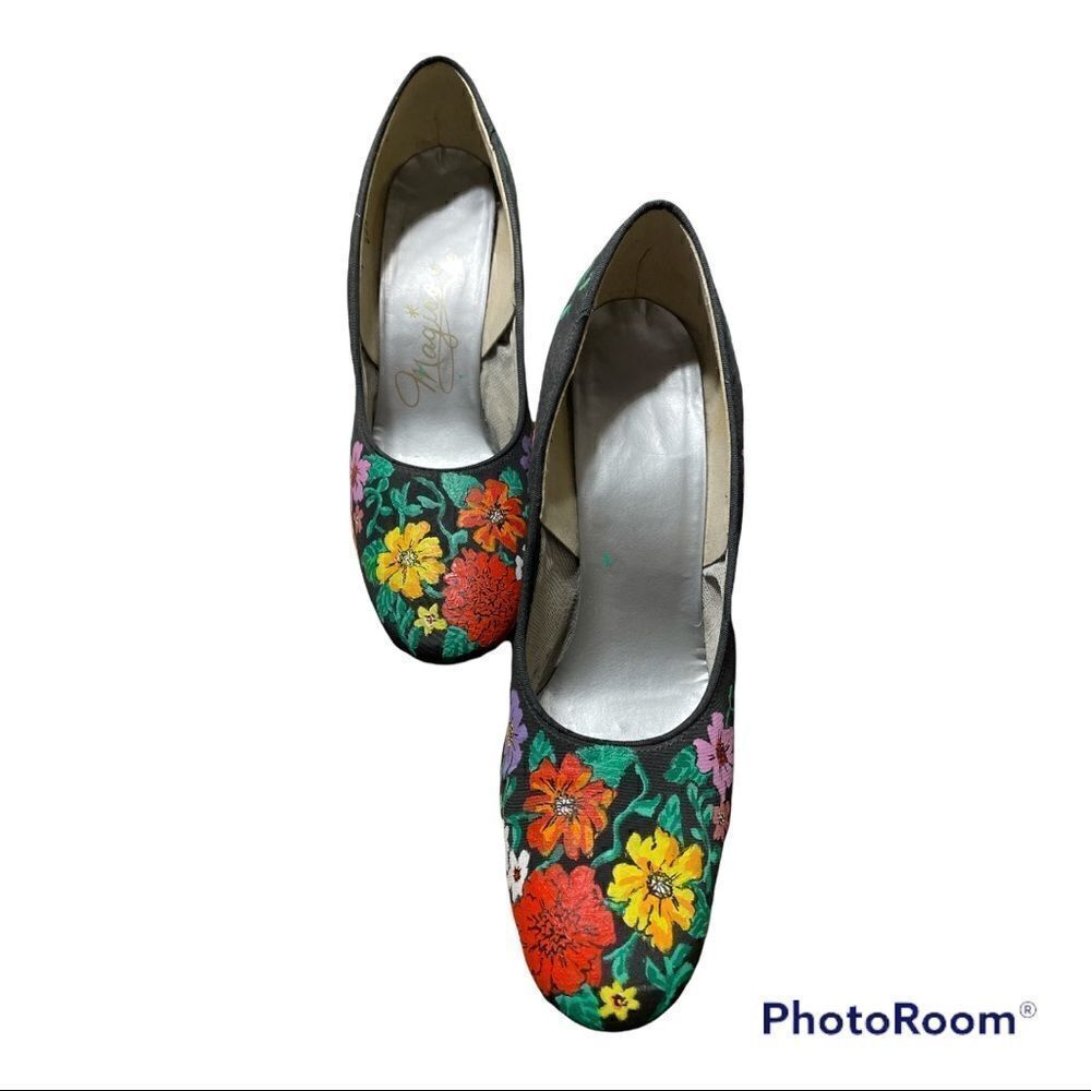 Vintage  80’s Floral Hand Painted Grosgrain fabric Black Heeled Pumps size 7 - Picture 5 of 12